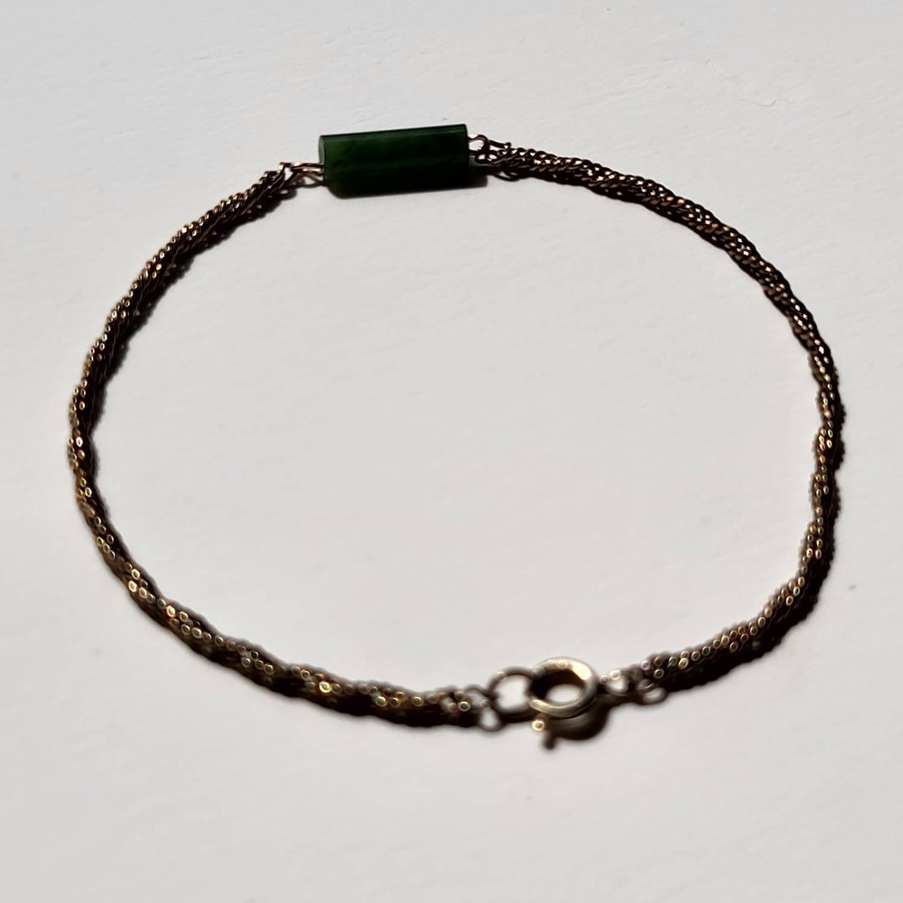 Vintage 12K Gold Filled Jade Cylinder Rope Chain Bracelet Green Patina